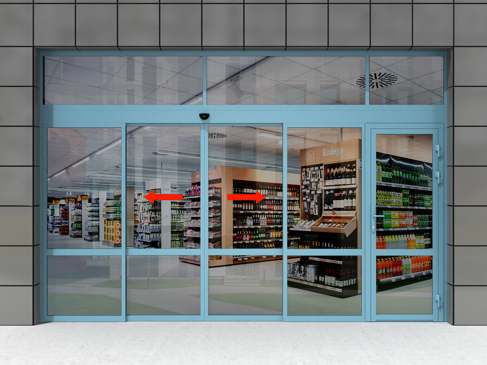 Двустворчатая дверь в конструкциях с фрамугой, двумя неподвижными и одной распашной створками (распашная створка слева/ или справа от прохода).